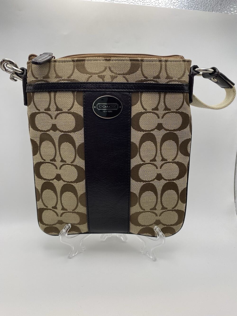 Coach Legacy Signature Stripe Swingpack Crossbody Bag Brown Jacquard Canvas